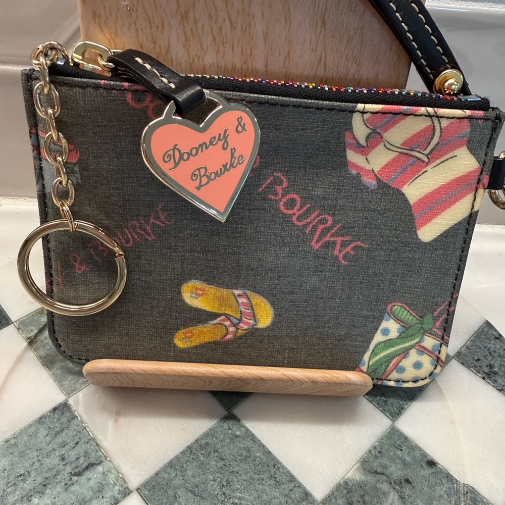 Dooney & Bourke Gray Beach Umbrella Wristlet with Heart Charm and Rainbow Zipper